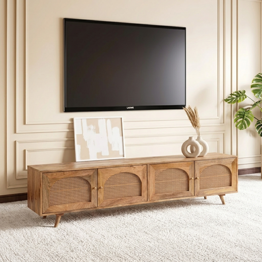 Mayra Solid Mango Wood 4 Door Tv Cabinet In Neutral Finish