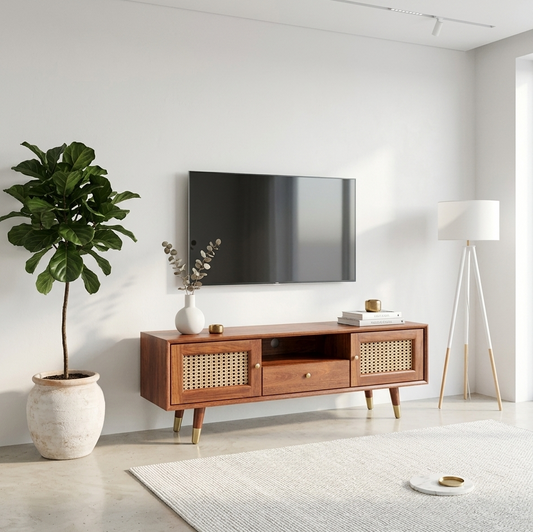 DEMIWALL Rattan Solid Wood Tv Unit with Cane Design in Brown Teak Finish
