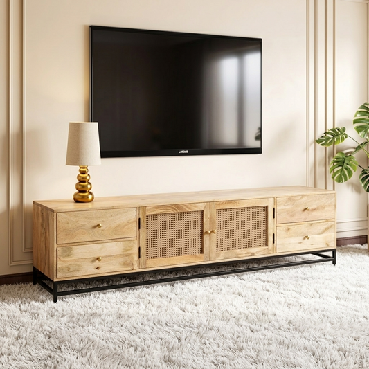 Mayra Solid Mango Wood 2 Door Four Drawer Tv Cabinet In Neutral Finish