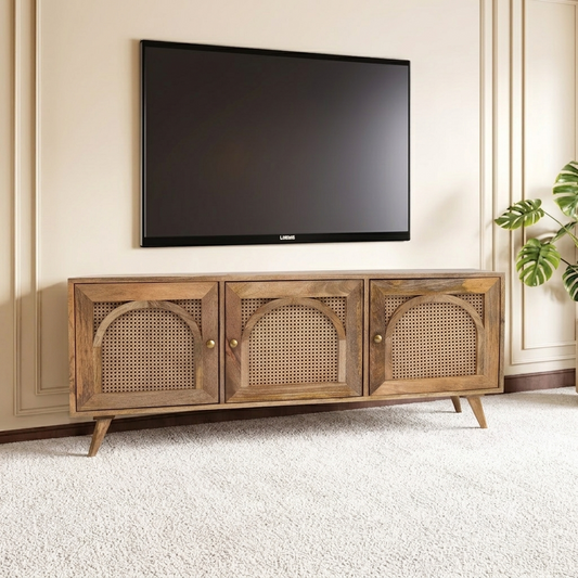 Mayra Solid Mango Wood 3 Door Four Drawer Tv Cabinet In Neutral Finish