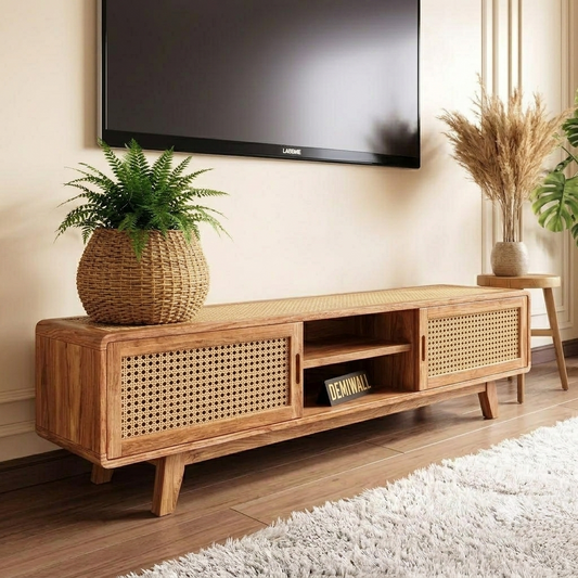 Eon Acacia Solid Wood Two Door Two Open Self Tv Cabinet In Netural Oak Finish