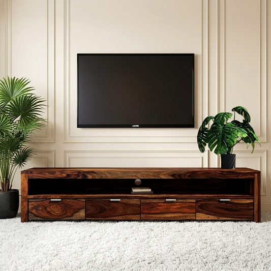Reto Sheesham Solid Wood 4 Drawer Tv Unit With Open Shelf
