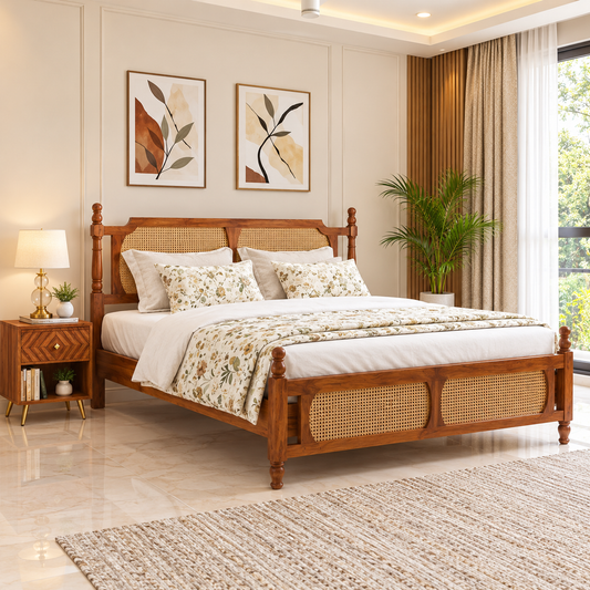 Solid Wood King Size Bed with Cane Design Headboard | Wooden Bed for Bedroom
