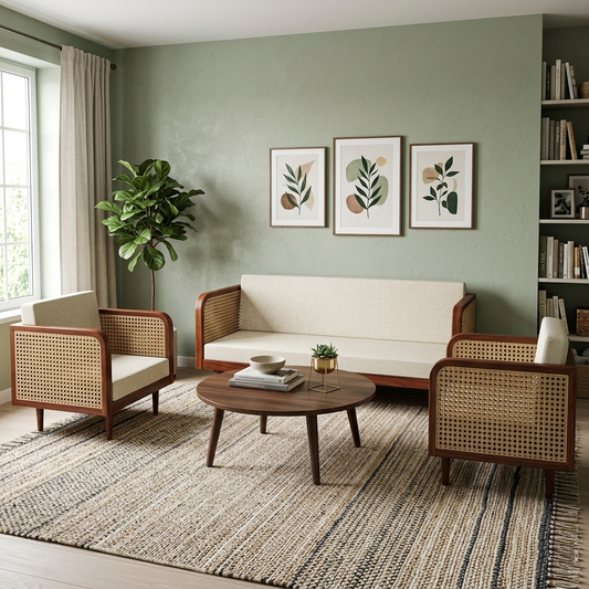 DEMIWALL Solid Wood Sofa Set 5-Person Rattan Caning Sofa | Teak finish