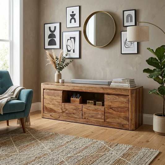 Segur Sheesham Wood 2 Door 2 Drawer With Open Self Tv Cabinet #006