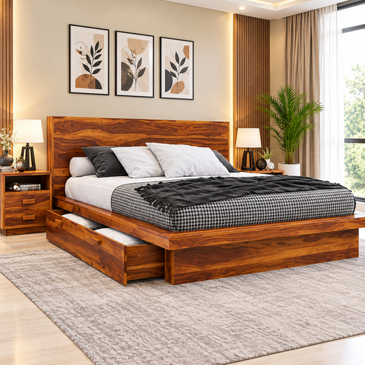 Royal Place Solid Sheesham Wood King Size Bed with Storage Drawers | Wooden Bed for Bedroom