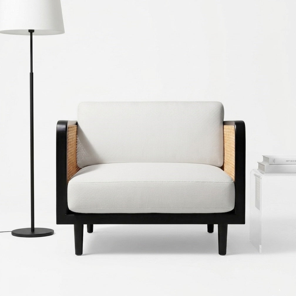 DEMIWALL Solid Wood Single Seater Sofa Set  Rattan Caning Sofa Home Furniture Living Room || Black Finish