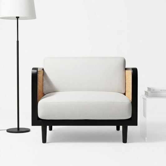 DEMIWALL Solid Wood Single Seater Sofa Set  Rattan Caning Sofa Home Furniture Living Room || Black Finish