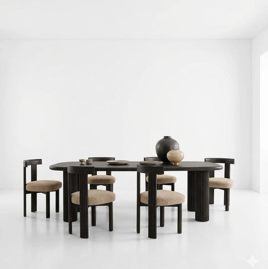 Dining table set with chairs and decorative vases on a white background
