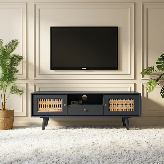 DEMIWALL Rattan Solid Wood Tv Unit with Cane Design in Black Teak Finish