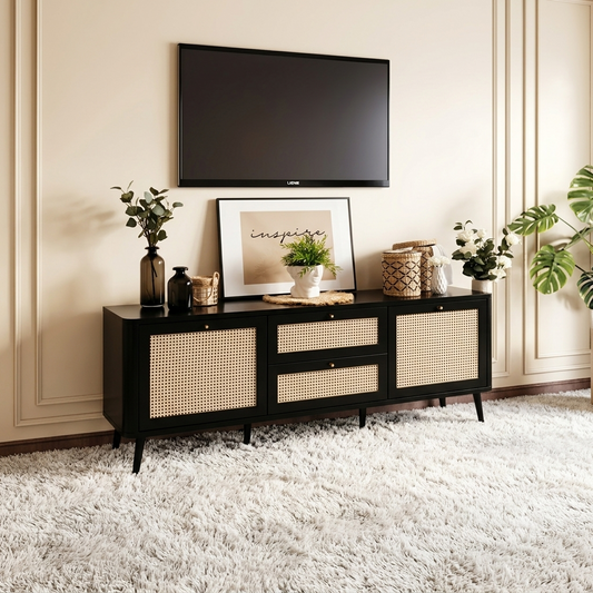 Roman Solid Wood Caning Designed Tv Unit In Black Finish
