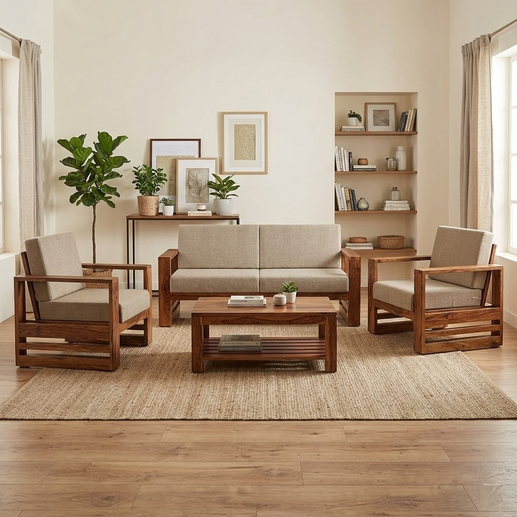Aspen Sheesham Solid Wood 5 Seater Sofa Set In Natural Teak Finish