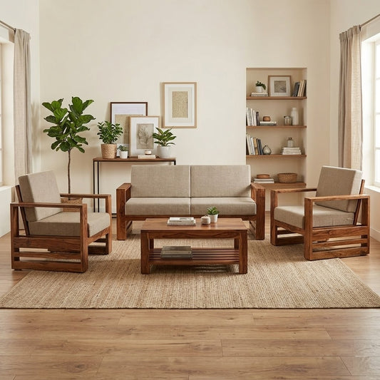 Aspen Sheesham Solid Wood 5 Seater Sofa Set In Natural Teak Finish