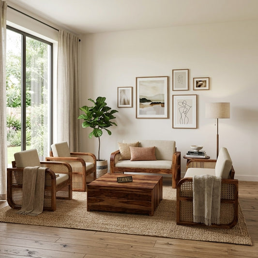 DEMIWALL Solid Sheesham Wood Sofa Set 7-Person Rattan Caning Sofa | Teak finish