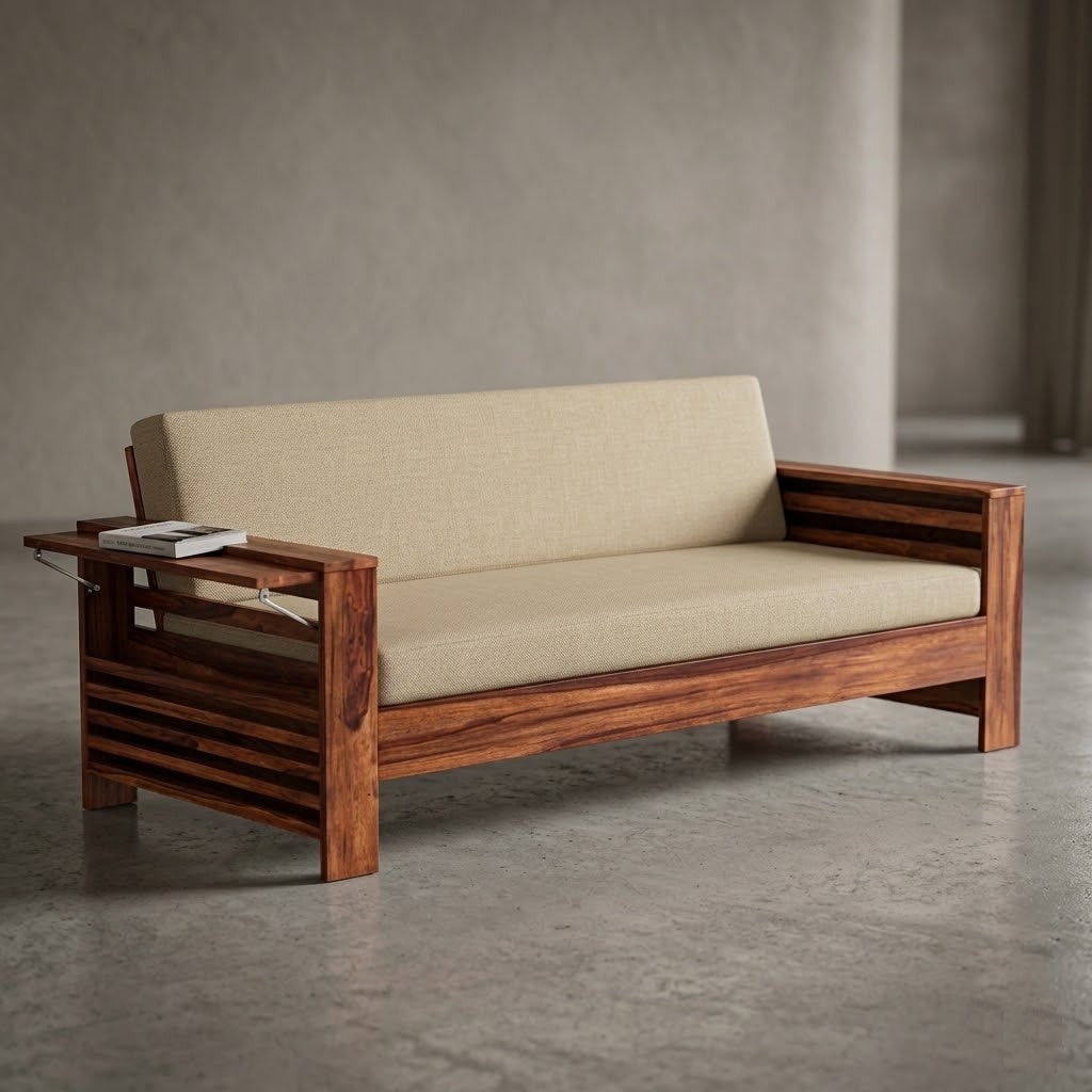 Wooden Sofa Set for Living Room and Office 3 Seater Natural Teak Finish