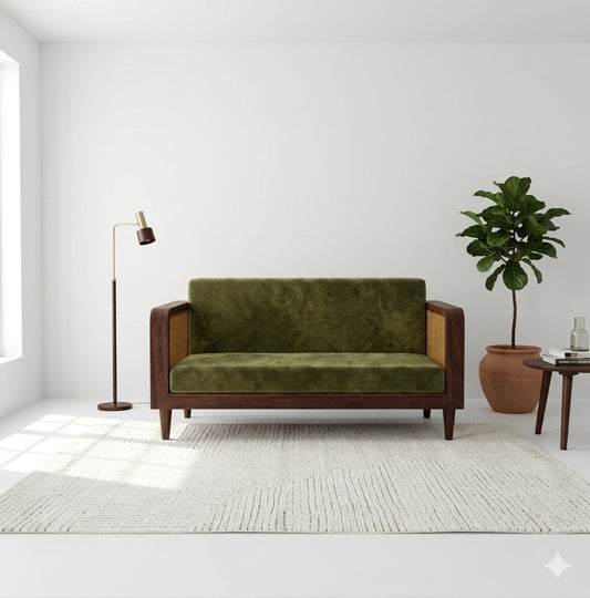 Solid Wood Sofa Set 2-Person Rattan Caning Sofa Home Furniture Living Room|Two Seater Sofa