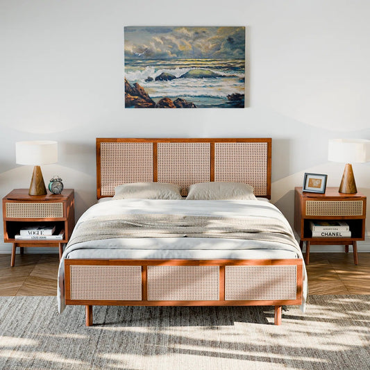 Solid Wood King Size Bed With Rattan Designed Headboard