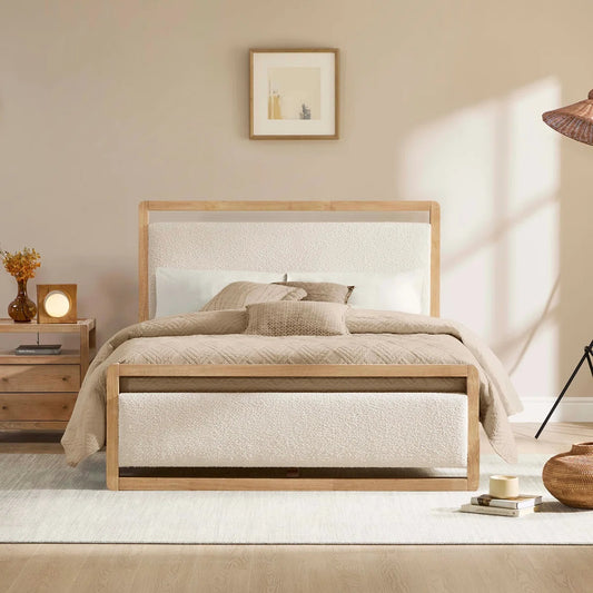 Solid Wood King Size Bed With Upholstered Headboard For Living Room