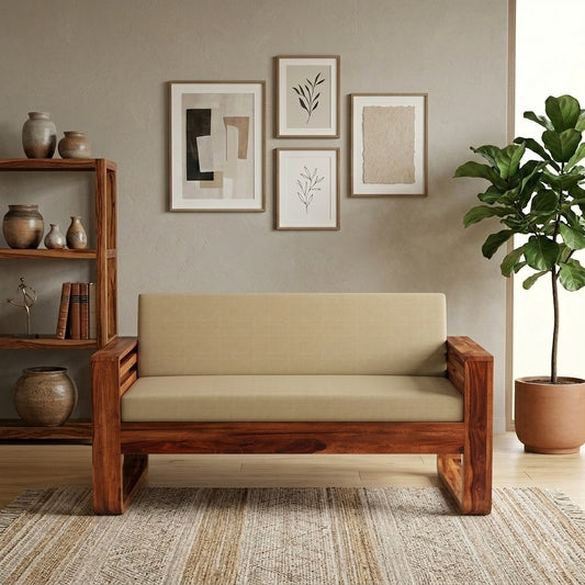 Wooden Sofa Set for Living Room and Office 3 Seater Natural Teak Finish