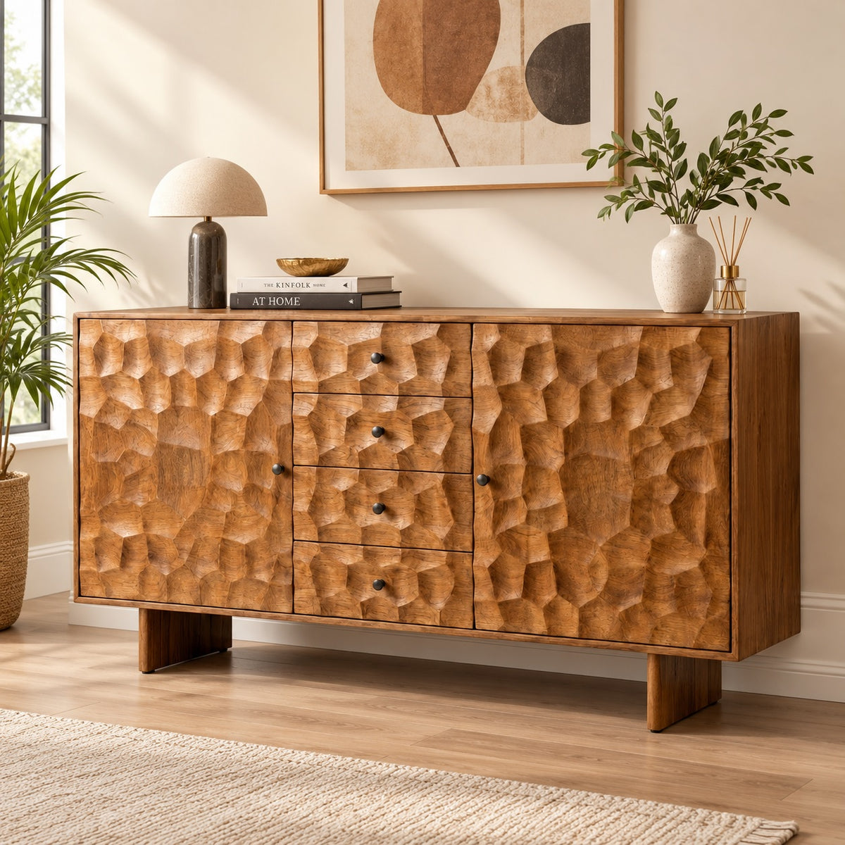 Tokshi Solid Wood 2 Door 4 Drawer Sidebaord Cabinet In Natural Finish