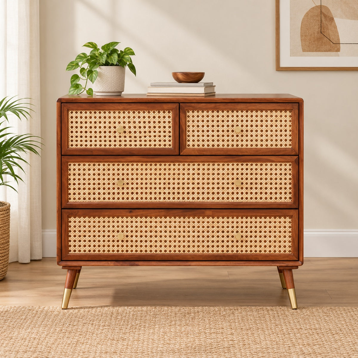 Demiwall Rattan Star 4 Drawer Chest Drawer  With Provicial Teck Finish