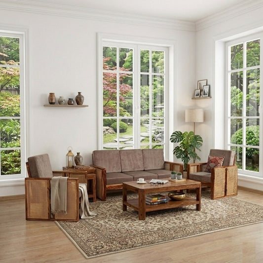Solid Wood Sofa Set 5-Person Rattan Caning Sofa Home Furniture Living Room|5 Seater Sofa Set