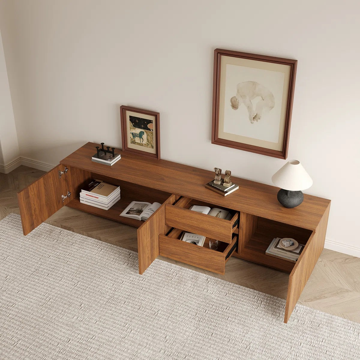 Sheesham Solid Wood 2 Drawer 3 Door Tv Cabinet In Brown Teak Finish