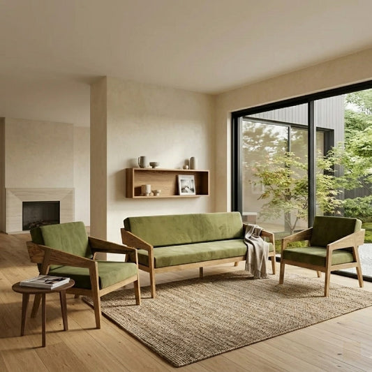 Demiwall Mango Solid Wood 5 Seater Sofa Set In Natural Finish