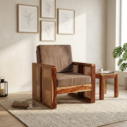Solid Wood Sofa Set 1-Person Rattan Caning Sofa Home Furniture Living Room|1 Seater Sofa Set