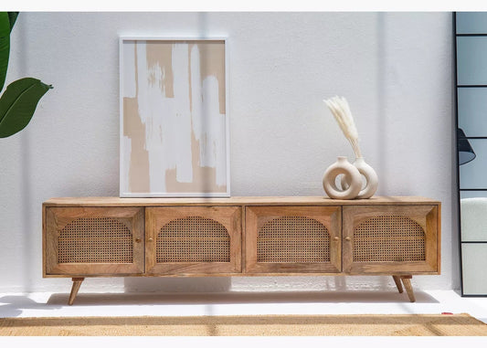 Mayra Solid Mango Wood 4 Door Tv Cabinet In Neutral Finish