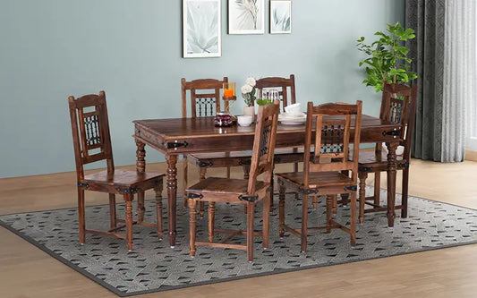Helioc Kan Sheesham Wood Dining Table Six seater Table In Provincial Teak Finish