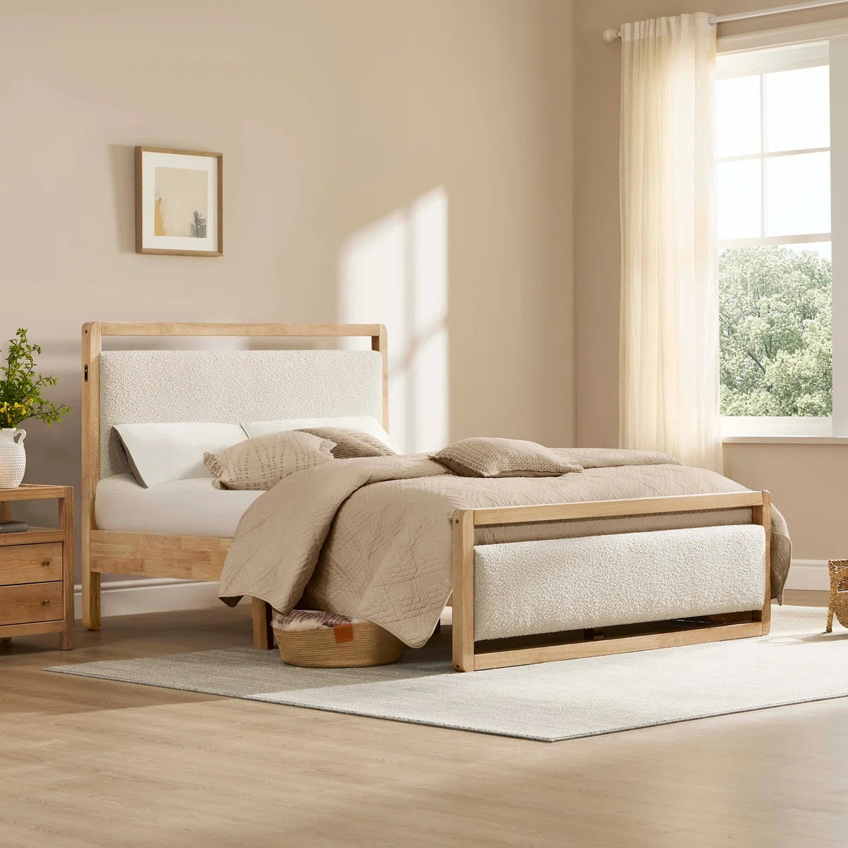 Solid Wood King Size Bed With Upholstered Headboard For Living Room