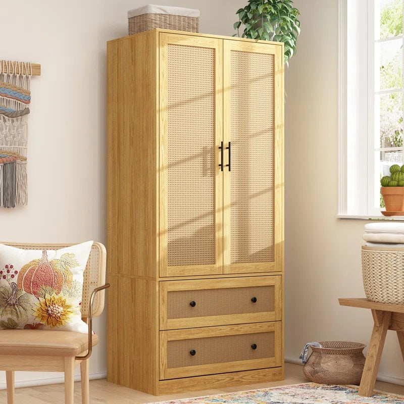 Solid Mango Wood Rattan Cane Two Door With 2 Drawer Wardrobe In Natural Finish