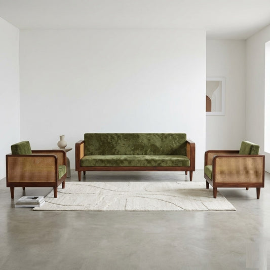 Solid Wood Sofa Set 5-Person Rattan Caning Sofa Home Furniture Living Room|Five Seater Sofa Set