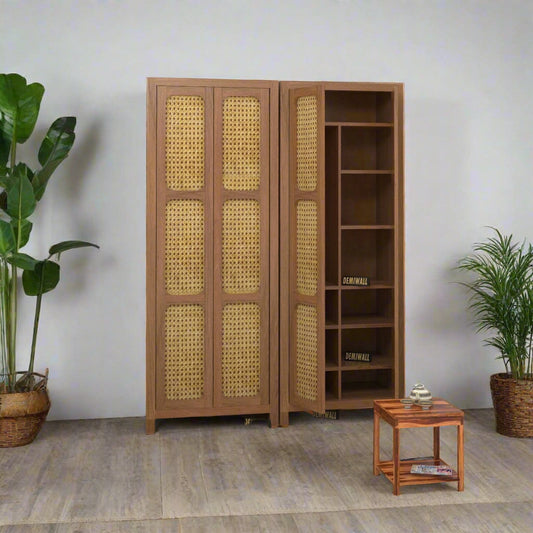 Wooden wardrobe with wicker doors in a bedroom setting