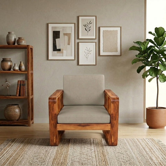 Wooden Sofa Set for Living Room and Office 1 Seater Natural Teak Finish