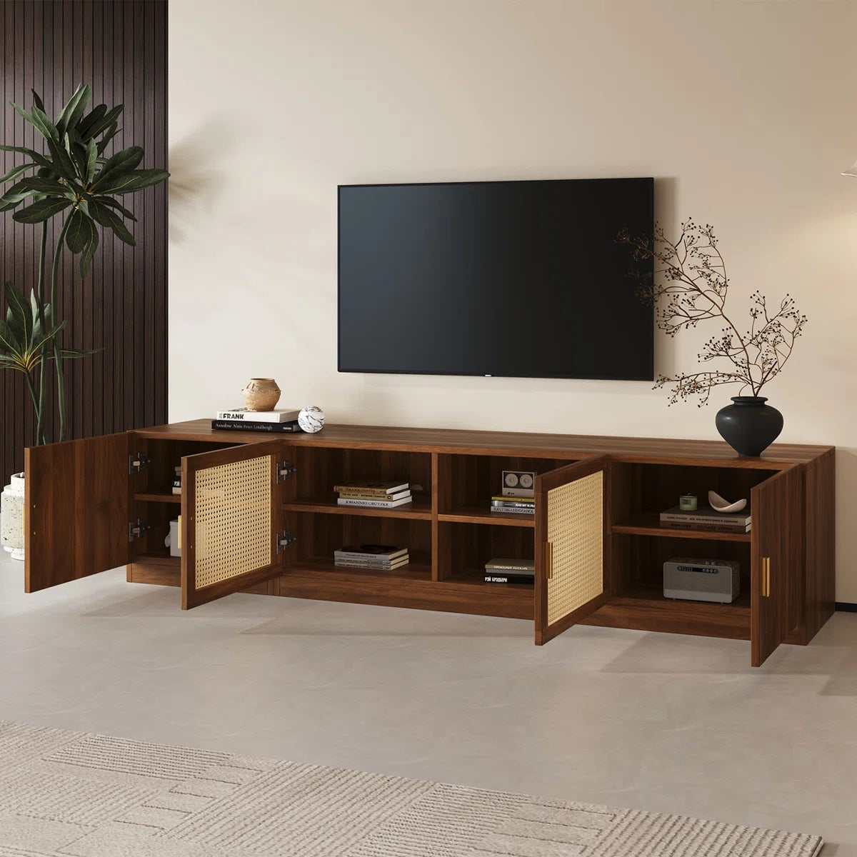 Solid Wood 4 Door Tv Cabinet In Teak Finish for living room