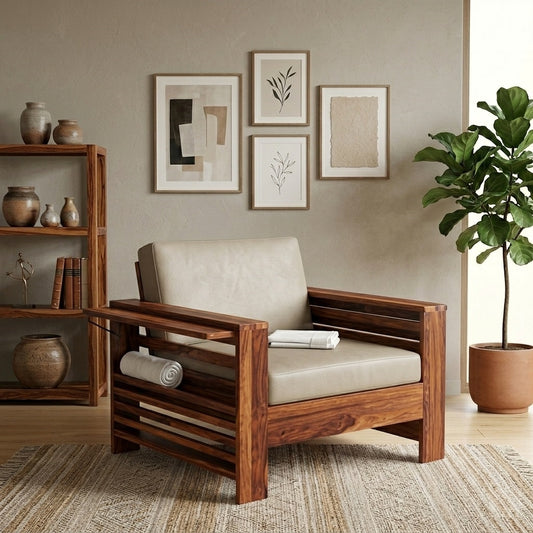 Wooden Sofa Set for Living Room and Office 1 Seater Natural Teak Finish
