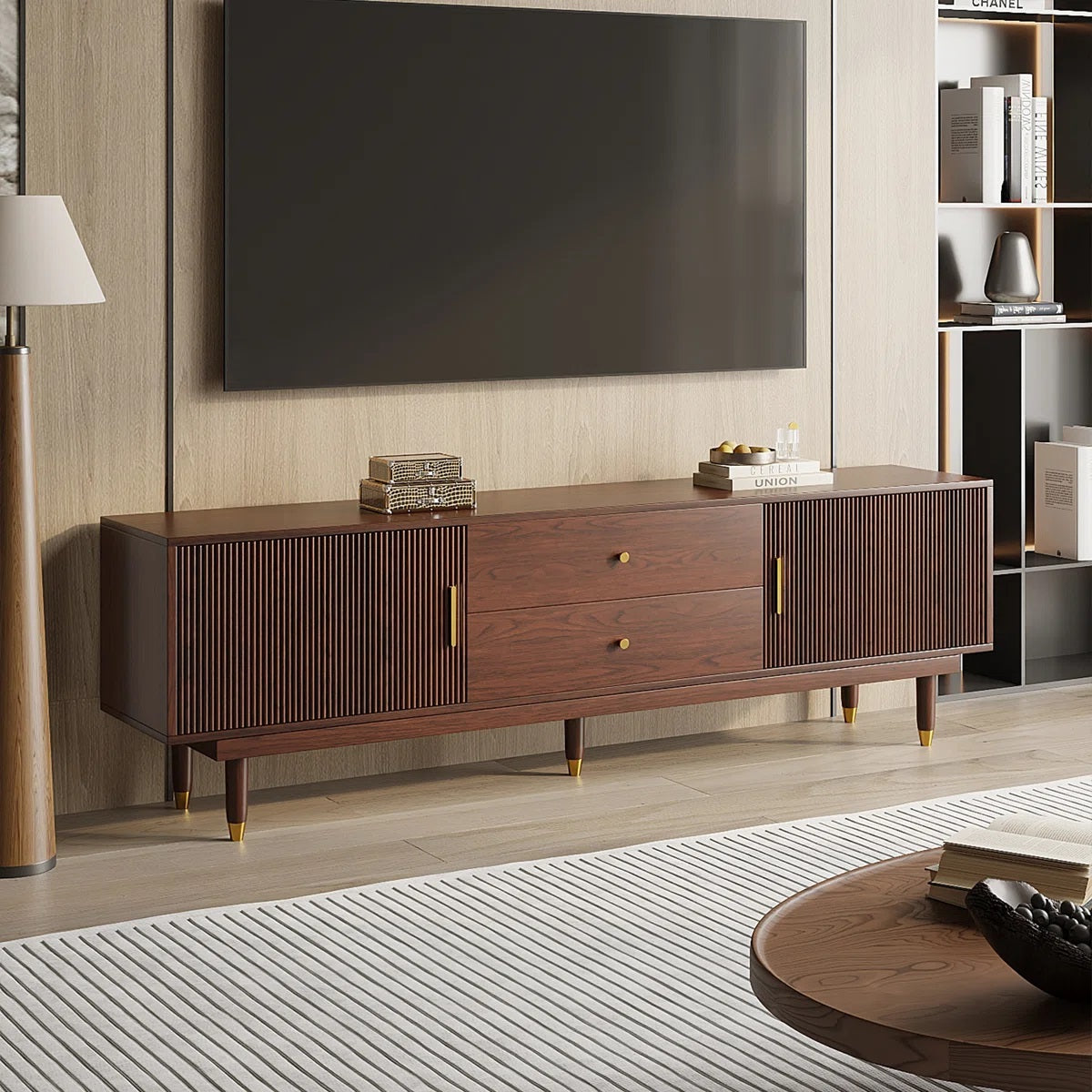 Solid Wood 2 Door 2 Drawer Tv Cabinet In Teak Finish for living room