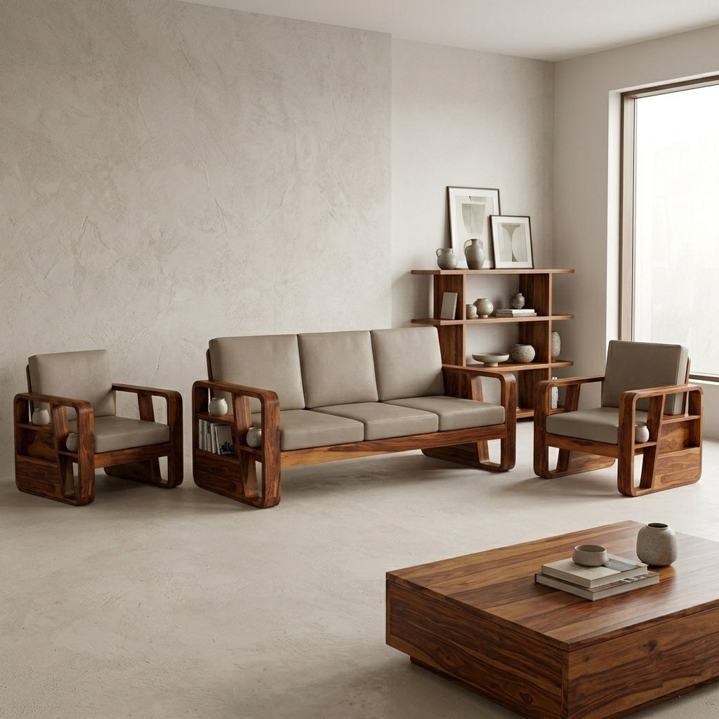 Wooden Sofa Set for Living Room and Office 5 Seater Natural Teak Finish