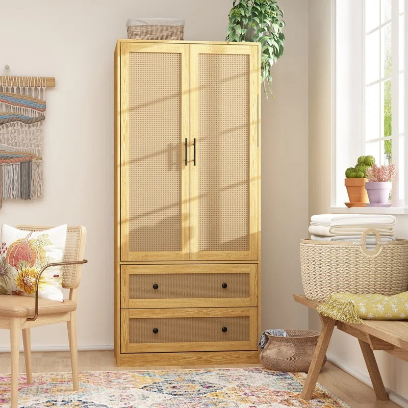 Solid Mango Wood Rattan Cane Two Door With 2 Drawer Wardrobe In Natural Finish