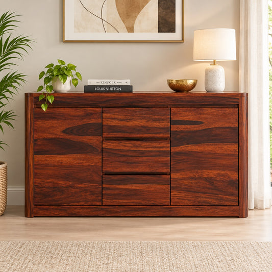 Segure Solid Wood Sheesham Wood 3 Drawers 2 Door Sideboard In Honey Oak Finish