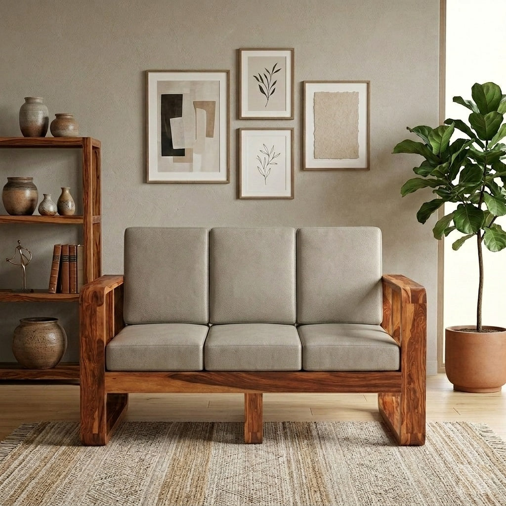 Wooden Sofa Set for Living Room and Office 3 Seater Natural Teak Finish