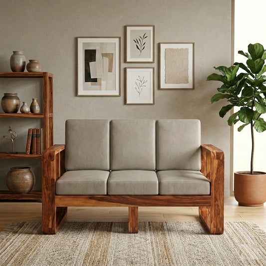 Wooden Sofa Set for Living Room and Office 3 Seater Natural Teak Finish