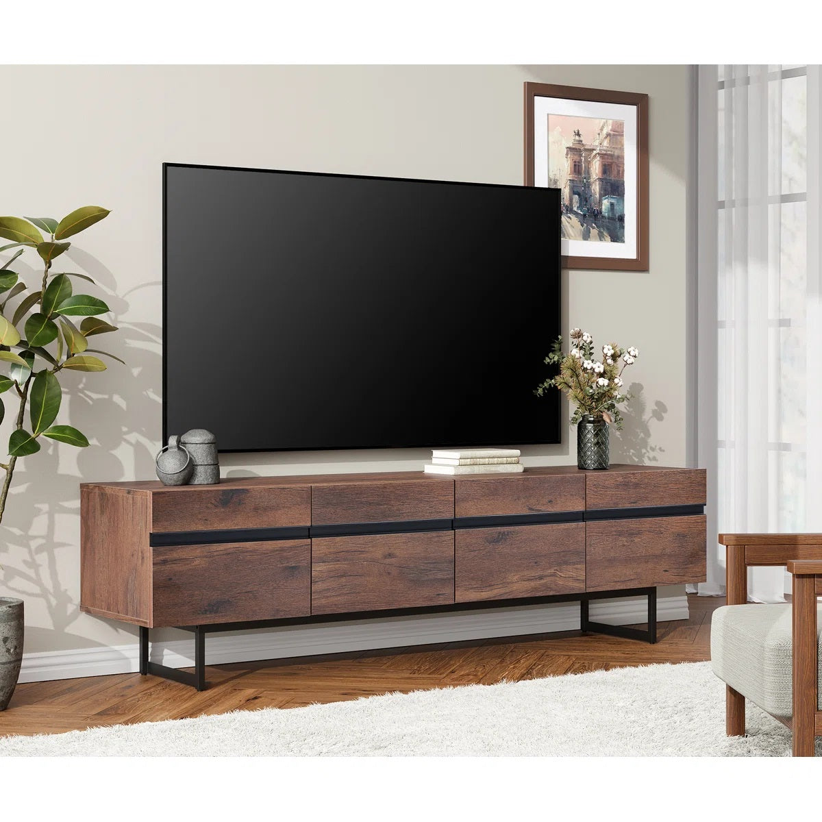 Solid Wood 4 Door Storage Tv Cabinet In Teak Finish for living room