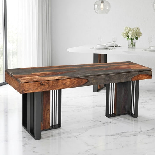Roster Sheesham Wood Bench Table With Natural Gray Finish For Dining Room