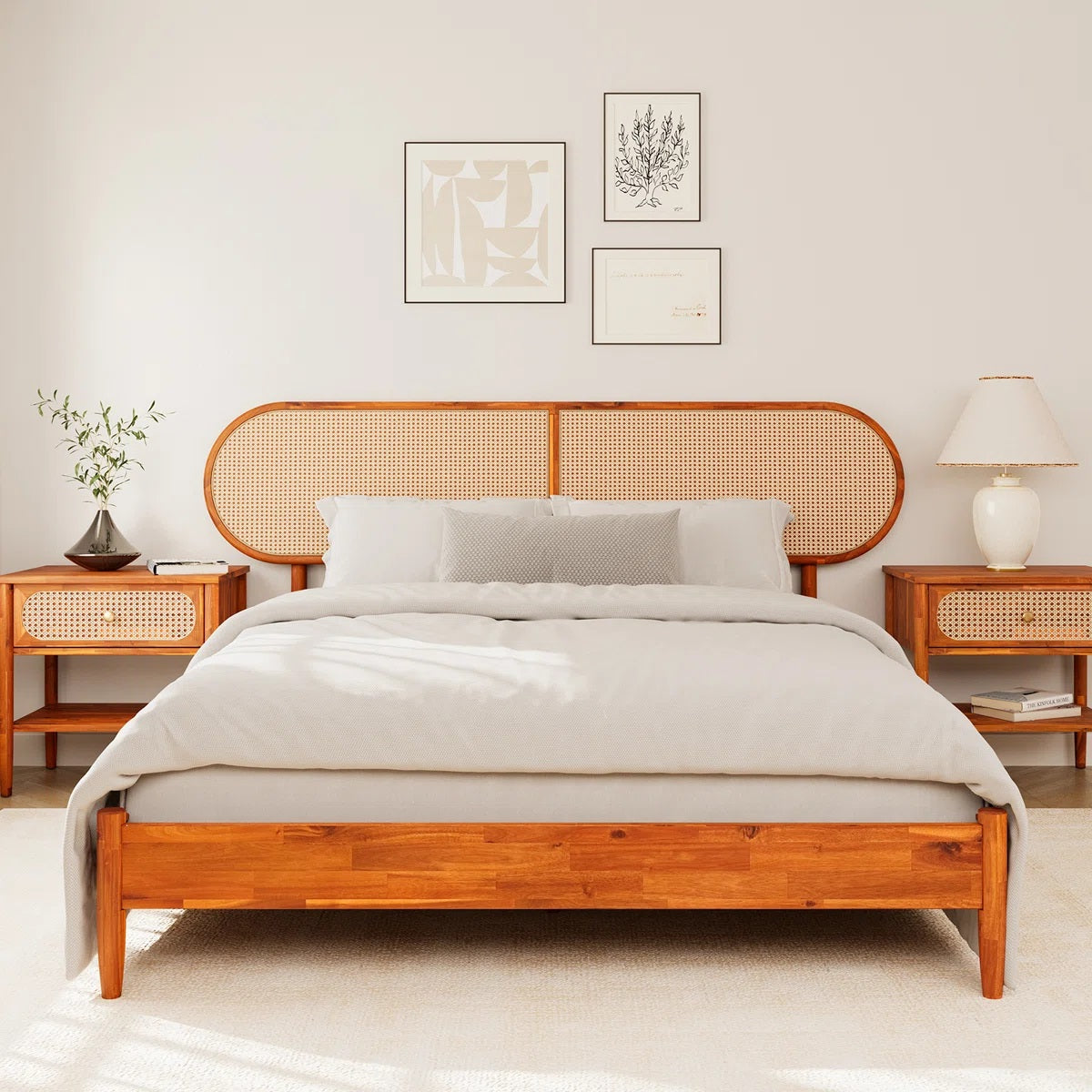 Solid Wood Rattan Designed King Bed For Living Room