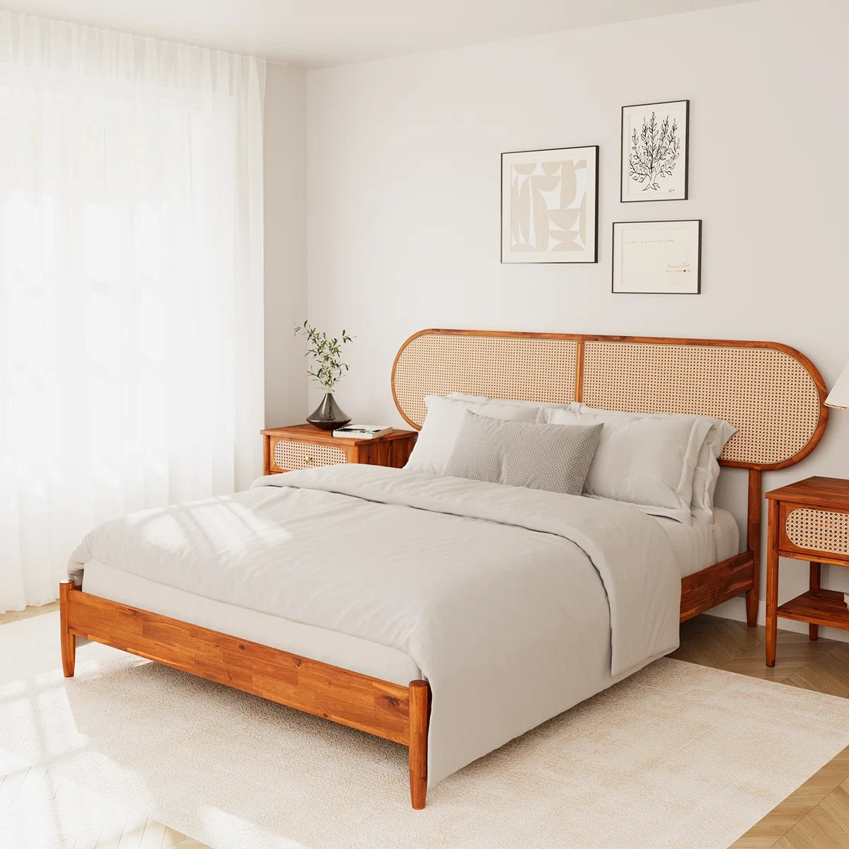Solid Wood Rattan Designed King Bed For Living Room