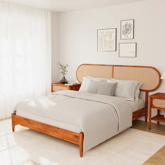 Solid Wood Rattan Designed King Bed For Living Room