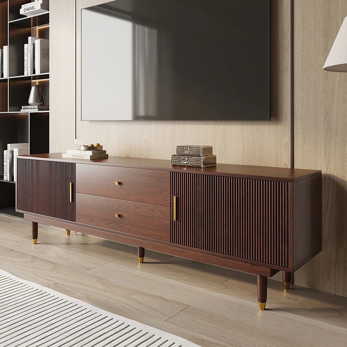 Solid Wood 2 Door 2 Drawer Tv Cabinet In Teak Finish for living room